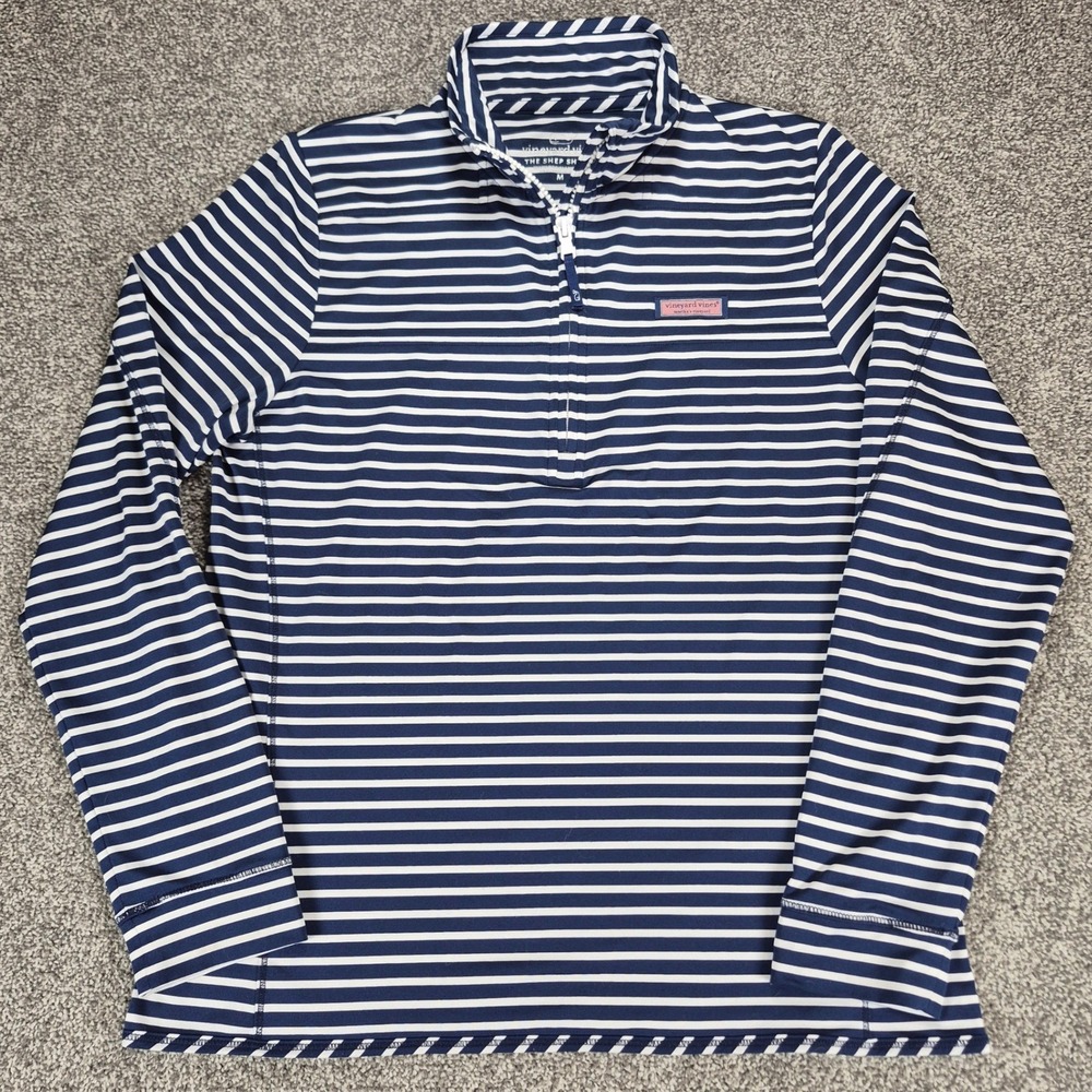 Vineyard Vines Men's Navy and White Striped Zip-Up Sweater